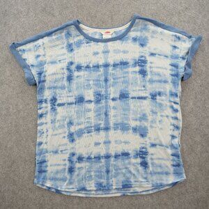 Lucky Brand Top Womens Medium Blue Tie Dye Knit Logo Round Neck Short Sleeve